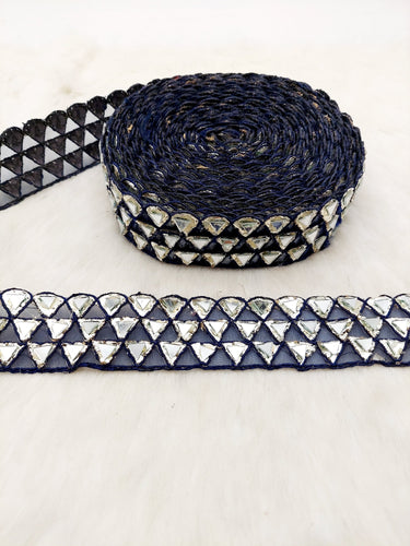 Navy Blue Lace Trim with Silver Gota (Indian Foil Work) and Real Mirror, Decorative Trim Costume Trim Fashion Trim By Yard